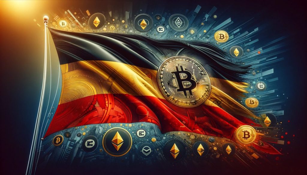 DALL·E 2024 03 05 13.00.22 Imagine a dynamic wide format image that combines the national colors of Germany black red and gold with iconic elements of cryptocurrency. In t 1536x878 1